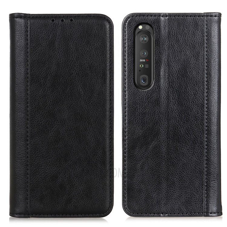Auto-absorbed Litchi Texture Split Leather Wallet Case Cover for Sony Xperia 1 III - Black-1