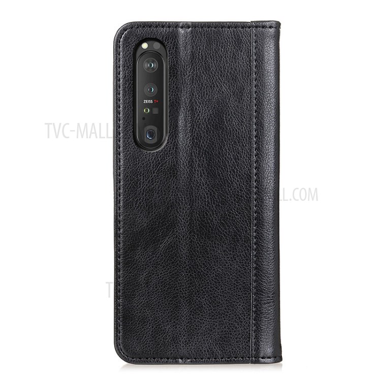 Auto-absorbed Litchi Texture Split Leather Wallet Case Cover for Sony Xperia 1 III - Black-2