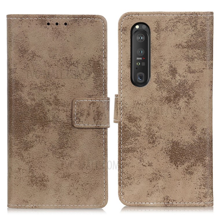 Vintage Style Leather Wallet Case Cover for Sony Xperia 1 III - Khaki-1