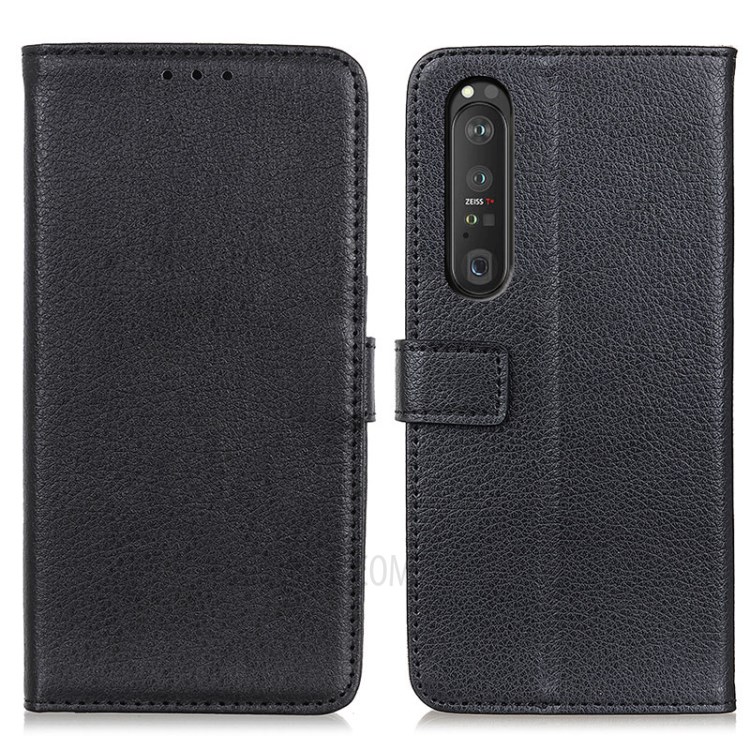 Litchi Skin Wallet Leather Stand Case for Sony Xperia 1 III - Black-1