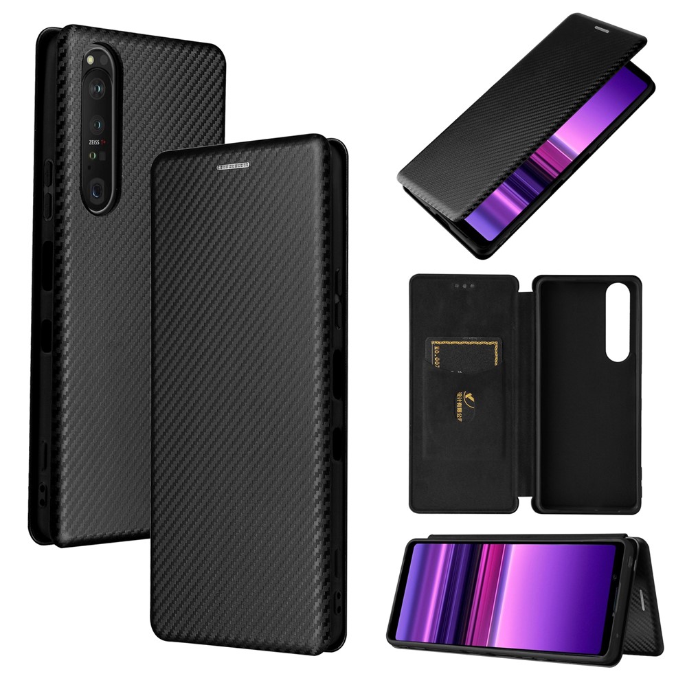 Carbon Fiber Texture Auto-absorbed Cell Phone Stand Cover for Sony Xperia 1 III Leather Case - Black-13