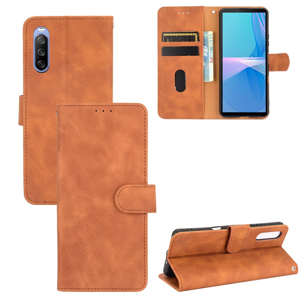 Skin-touch Feeling Leather Wallet Case Phone Cover with Supporting Stand for Sony Xperia 10 III - Brown-9