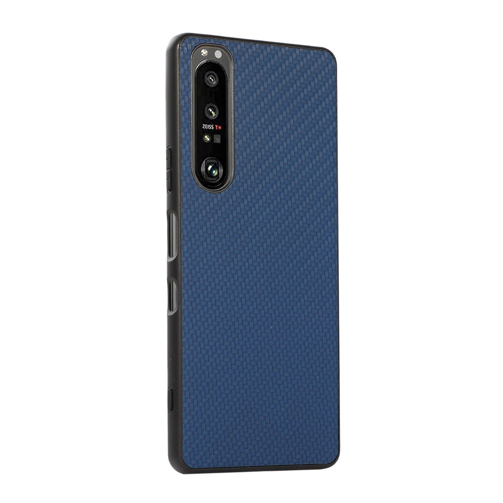 Well-Protected Carbon Fiber Texture Leather Case for Sony Xperia 1 III - Blue-2