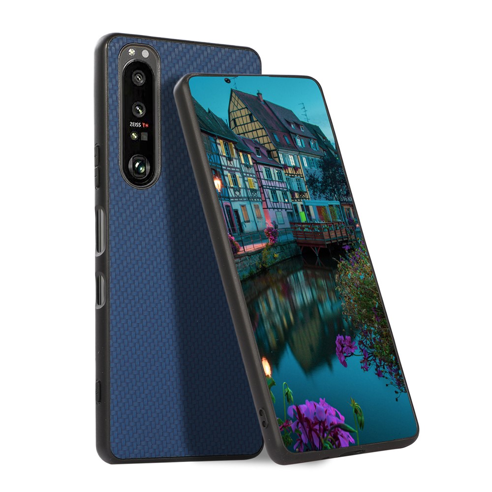 Well-Protected Carbon Fiber Texture Leather Case for Sony Xperia 1 III - Blue-3