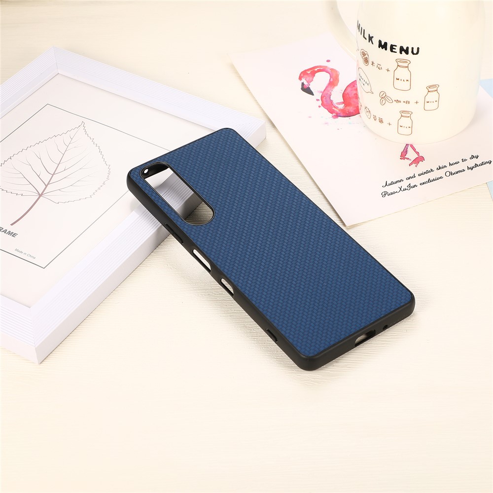 Well-Protected Carbon Fiber Texture Leather Case for Sony Xperia 1 III - Blue-4