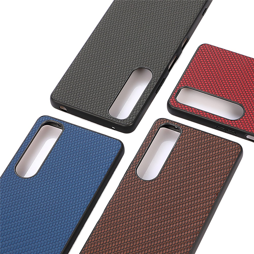 Well-Protected Carbon Fiber Texture Leather Case for Sony Xperia 1 III - Blue-5
