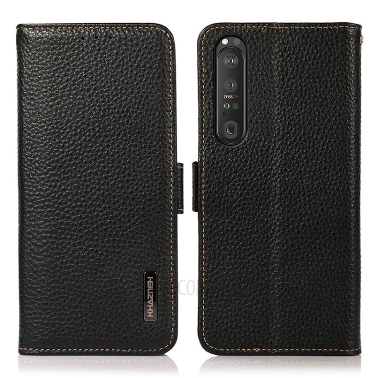 KHAZNEH RFID Blocking Litchi Texture Genuine Leather Phone Case with Anti-theft Swiping Design for Sony Xperia 1 III - Black-1