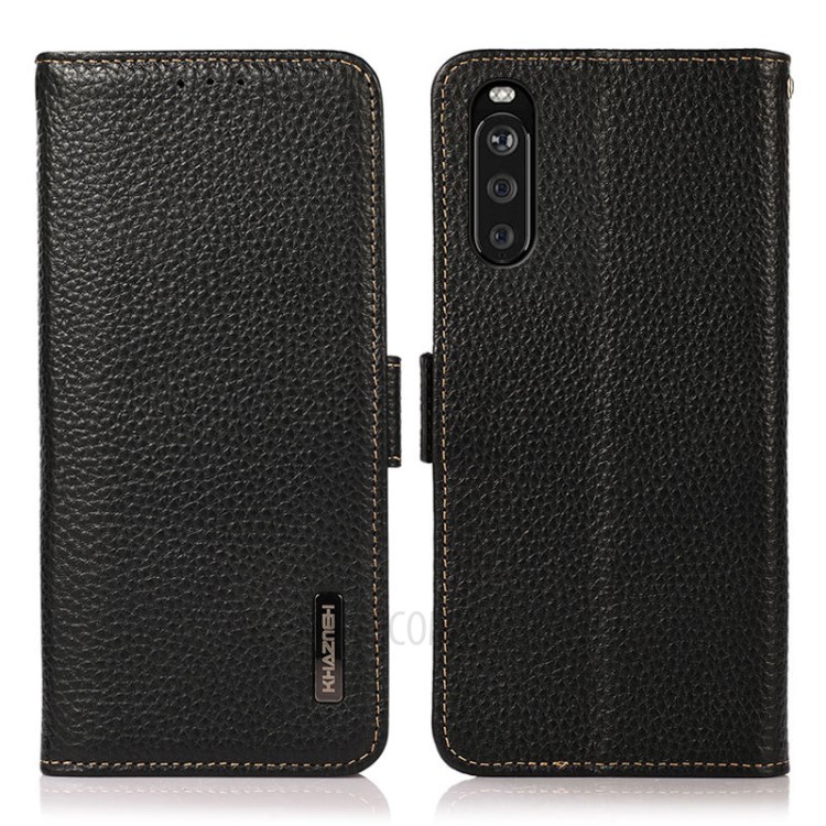 KHAZNEH Full Protection Anti-theft Swiping RFID Blocking Litchi Texture Genuine Leather Phone Case for Sony Xperia 10 III - Black-1