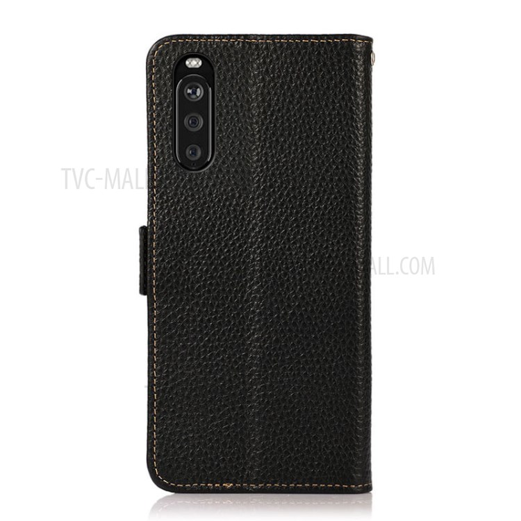 KHAZNEH Full Protection Anti-theft Swiping RFID Blocking Litchi Texture Genuine Leather Phone Case for Sony Xperia 10 III - Black-3