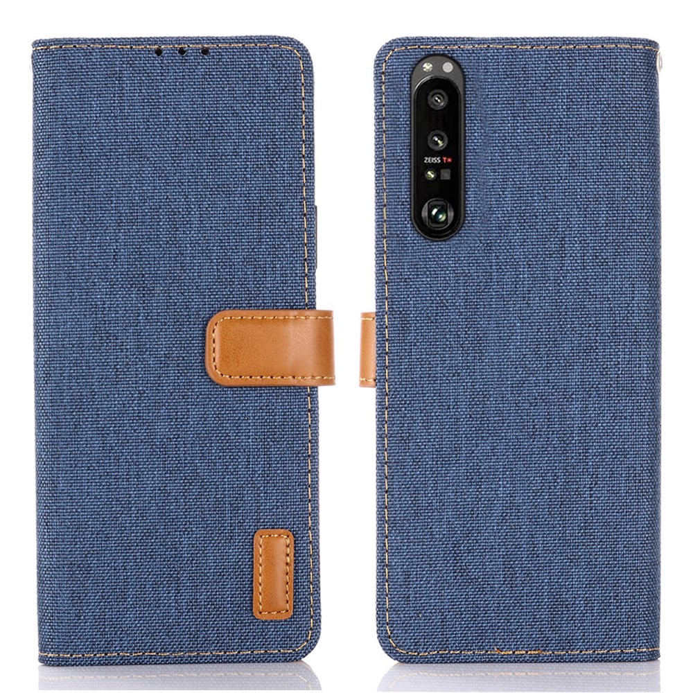 Wallet PU Leather Stand Protector Jeans Cloth Texture Case for Sony Xperia 1 III - Dark Blue-1