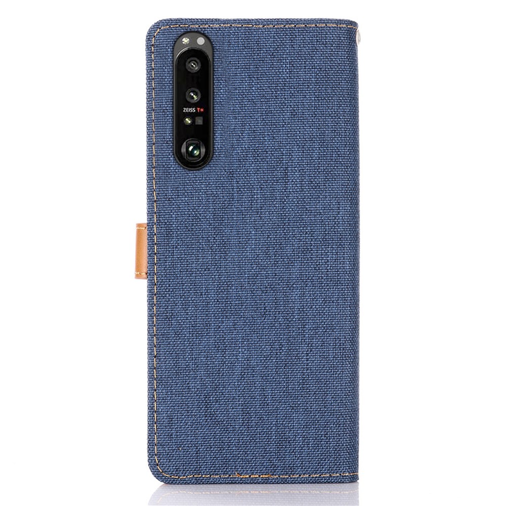 Wallet PU Leather Stand Protector Jeans Cloth Texture Case for Sony Xperia 1 III - Dark Blue-3