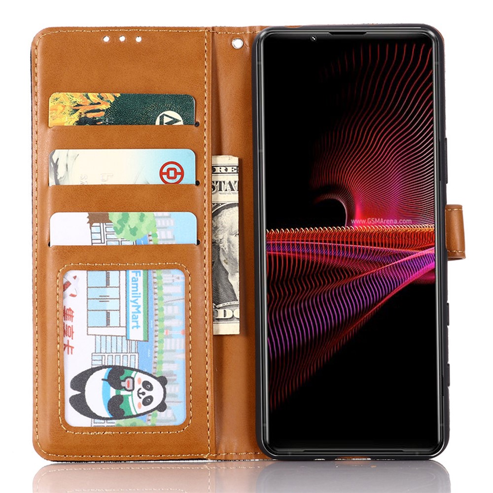 Wallet PU Leather Stand Protector Jeans Cloth Texture Case for Sony Xperia 1 III - Dark Blue-5