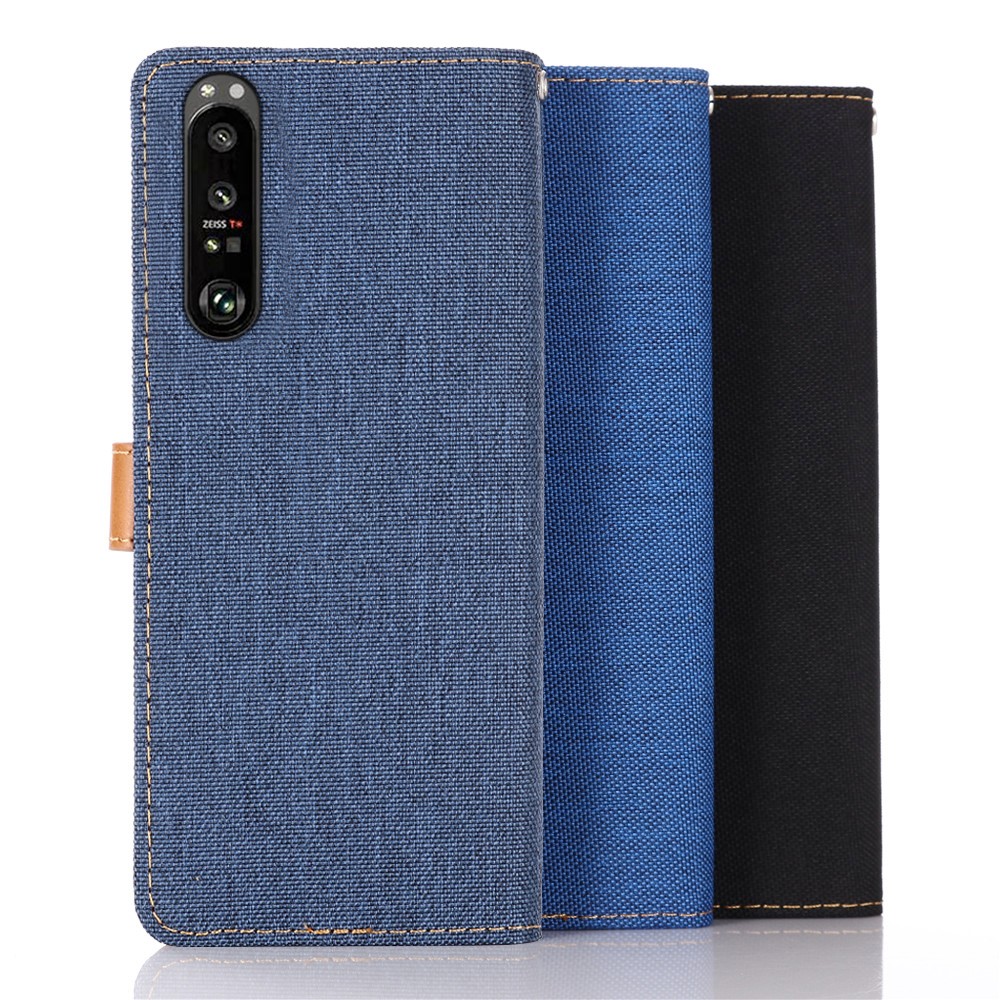 Wallet PU Leather Stand Protector Jeans Cloth Texture Case for Sony Xperia 1 III - Dark Blue-7