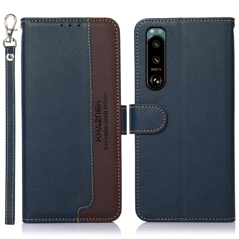 KHAZNEH Litchi Skin Design RFID Anti-theft Swiping Function Leather Phone Case Cover for Sony Xperia 5 III - Blue-1