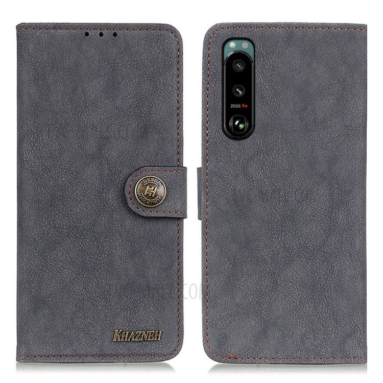 KHAZNEH Vintage Style Split Leather Phone Case with Wallet and Stand for Sony Xperia 5 III - Black-1