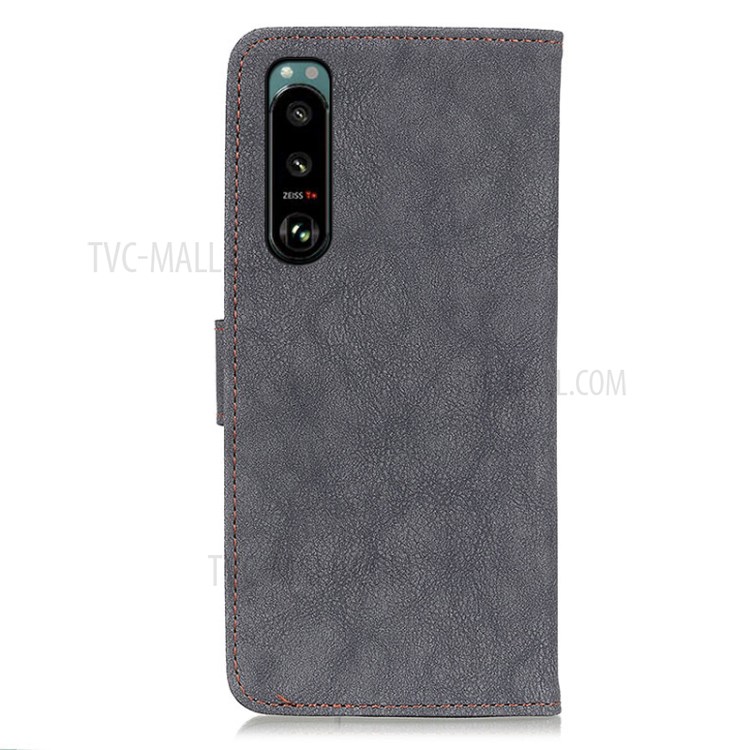 KHAZNEH Vintage Style Split Leather Phone Case with Wallet and Stand for Sony Xperia 5 III - Black-3
