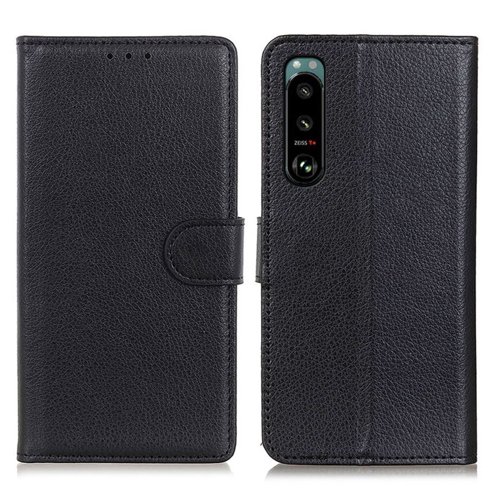 Litchi Texture Leather Wallet Stand Flip Case for Sony Xperia 5 III - Black-1
