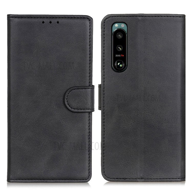 Leather Mobile Phone Cover Shell Protector for Sony Xperia 5 III Wallet Stand Case - Black-1