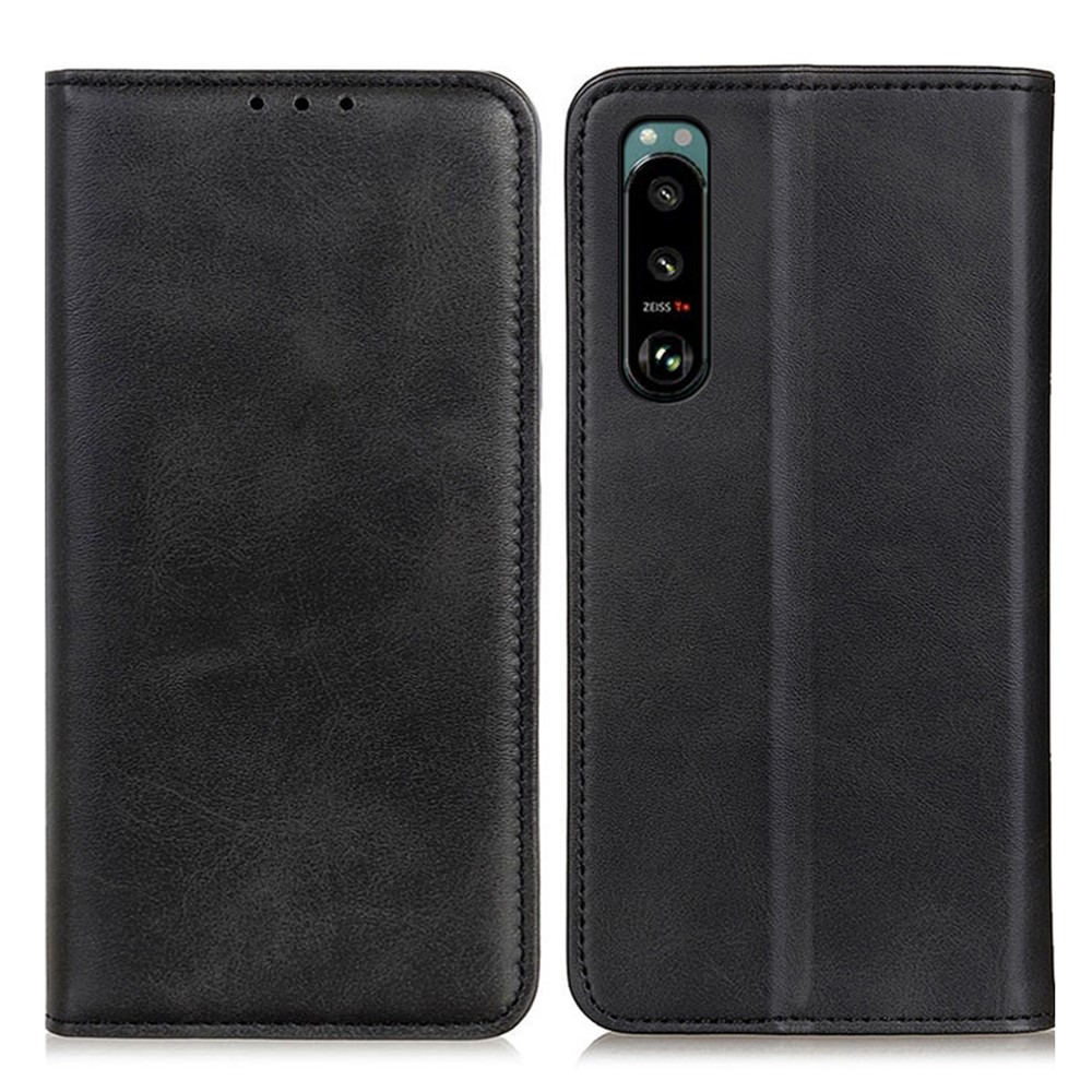 Auto-absorbed Split Leather Wallet Phone Cover with Stand Shell for Sony Xperia 5 III - Black-1