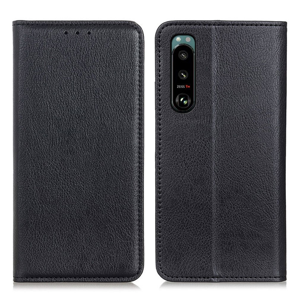 Magnetic Auto-absorbed Litchi Texture Split Leather Wallet Stand Case Cover for Sony Xperia 5 III - Black-1
