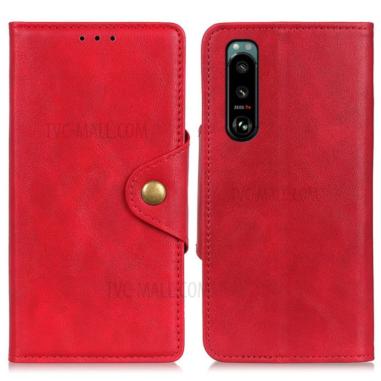 Wallet Design PU Leather Stand Case with Magnetic Closure Brass Buckle for Sony Xperia 5 III - Red-1