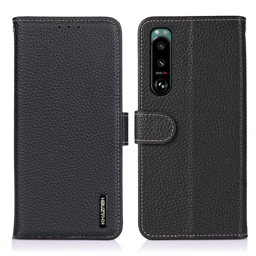 KHAZNEH Litchi Skin Surface Top Layer Genuine Leather Wallet Cover Case for Sony Xperia 5 III - Black-1