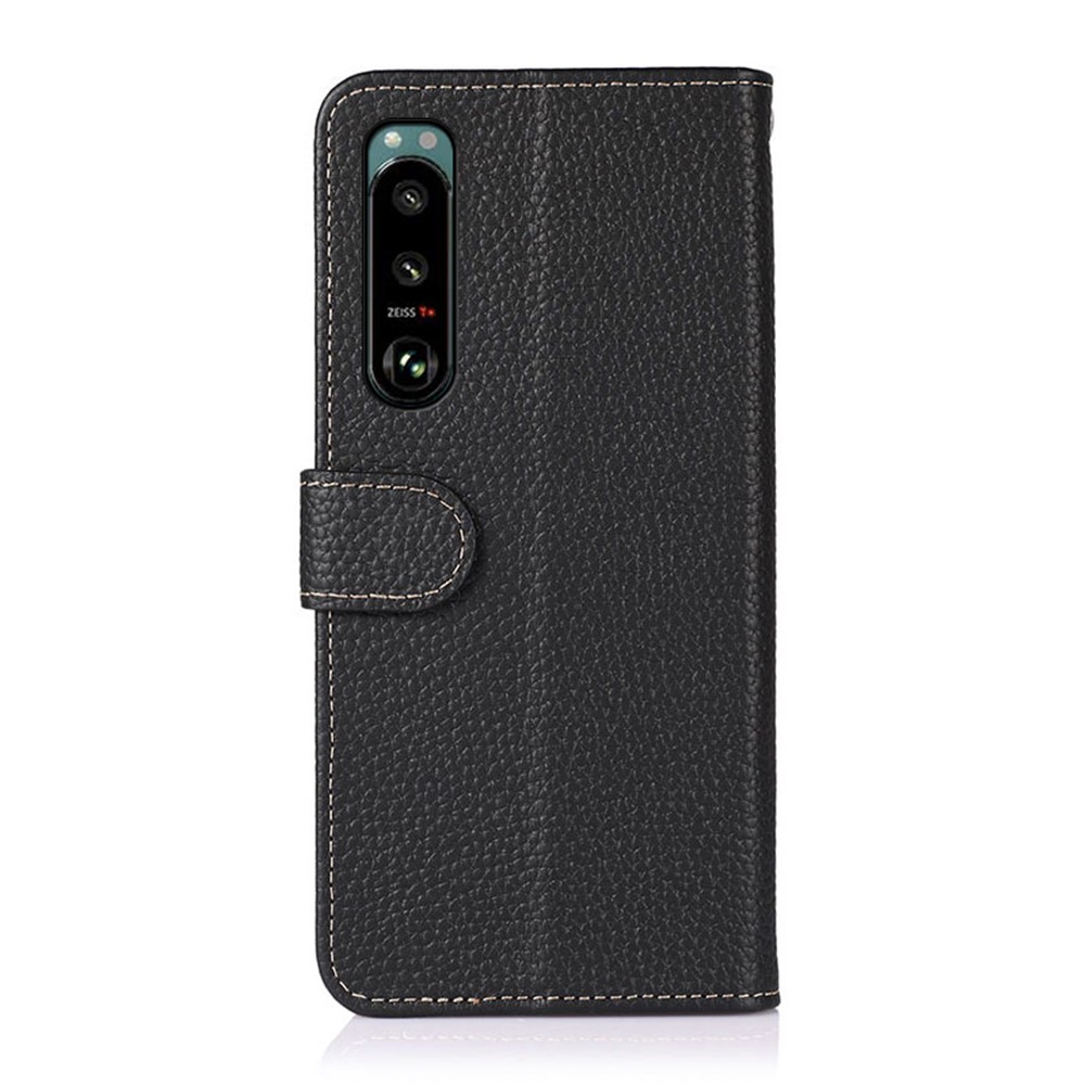 KHAZNEH Litchi Skin Surface Top Layer Genuine Leather Wallet Cover Case for Sony Xperia 5 III - Black-8