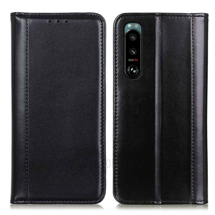 Auto-absorbed Split Leather Phone Case Shell Cover Wallet Stand for Sony Xperia 5 III - Black-1