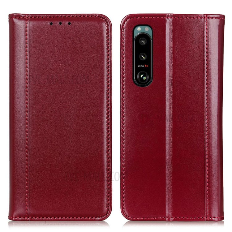 Auto-absorbed Split Leather Phone Case Shell Cover Wallet Stand for Sony Xperia 5 III - Red-1