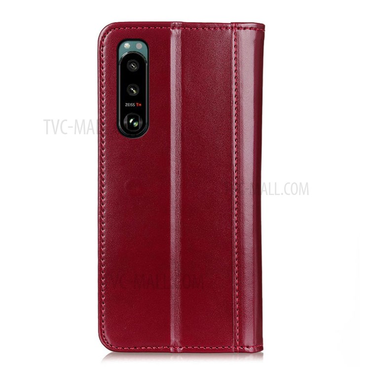 Auto-absorbed Split Leather Phone Case Shell Cover Wallet Stand for Sony Xperia 5 III - Red-8