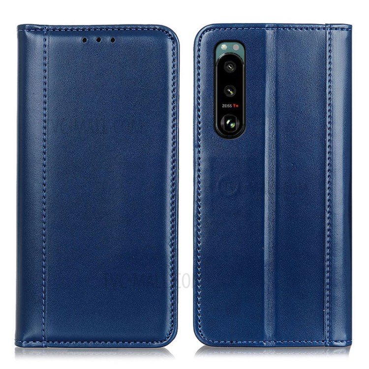 Auto-absorbed Split Leather Phone Case Shell Cover Wallet Stand for Sony Xperia 5 III - Blue-1