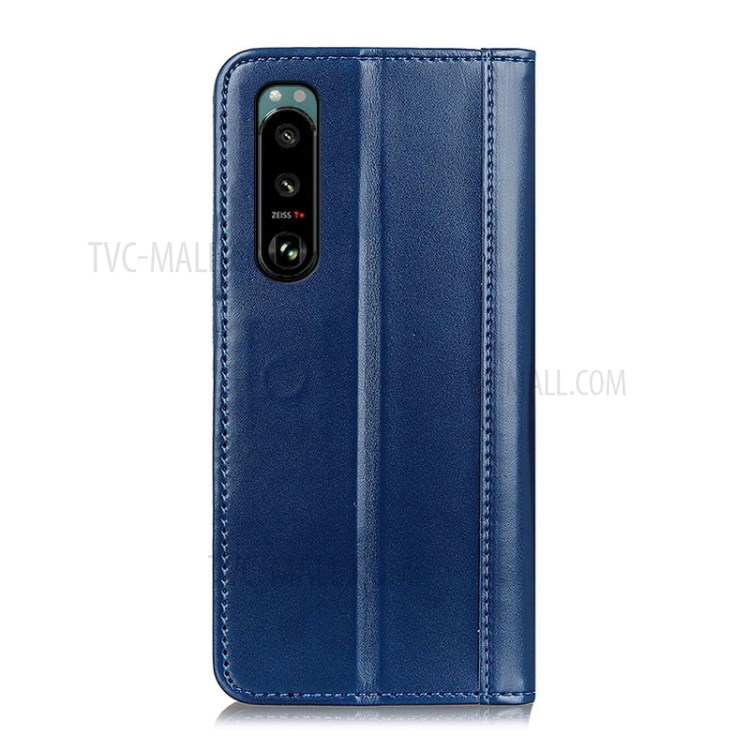 Auto-absorbed Split Leather Phone Case Shell Cover Wallet Stand for Sony Xperia 5 III - Blue-8