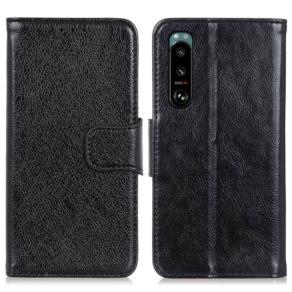 Full-Protection Nappa Texture Wallet Design Split Leather Stand Phone Cover Shell for Sony Xperia 5 III - Black-1