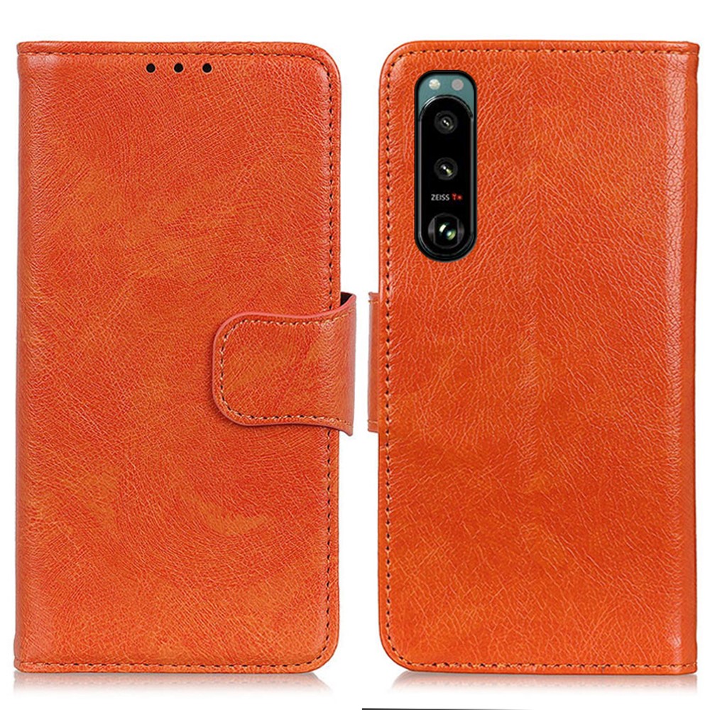 Full-Protection Nappa Texture Wallet Design Split Leather Stand Phone Cover Shell for Sony Xperia 5 III - Orange-1