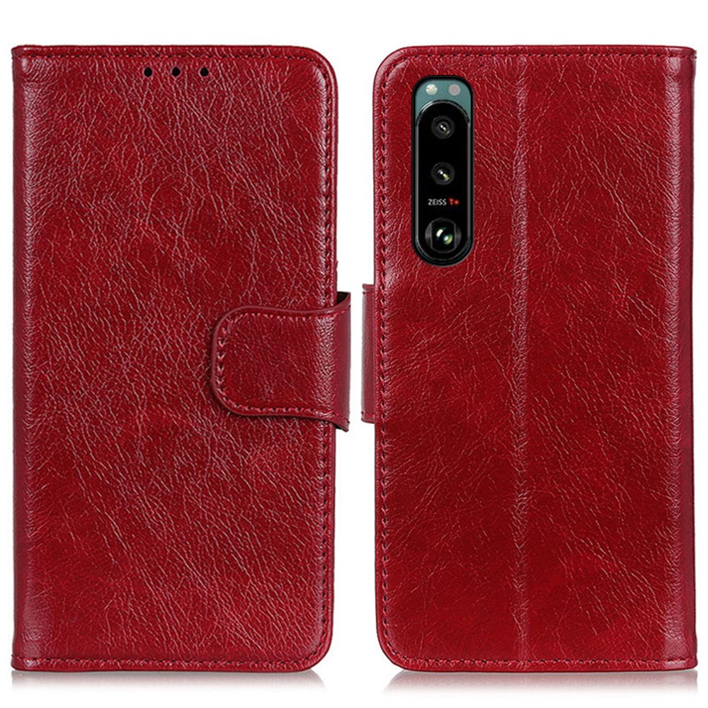 Full-Protection Nappa Texture Wallet Design Split Leather Stand Phone Cover Shell for Sony Xperia 5 III - Red-1