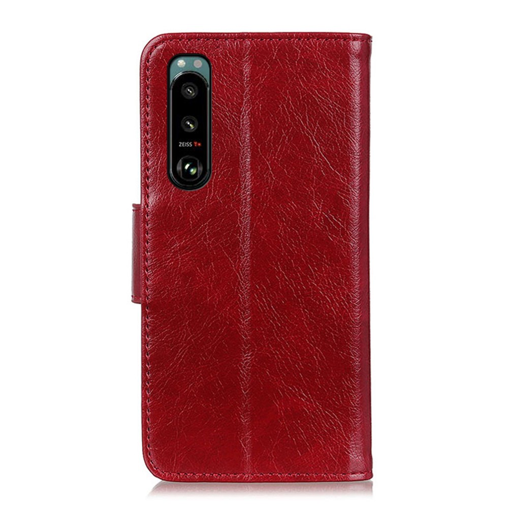 Full-Protection Nappa Texture Wallet Design Split Leather Stand Phone Cover Shell for Sony Xperia 5 III - Red-6