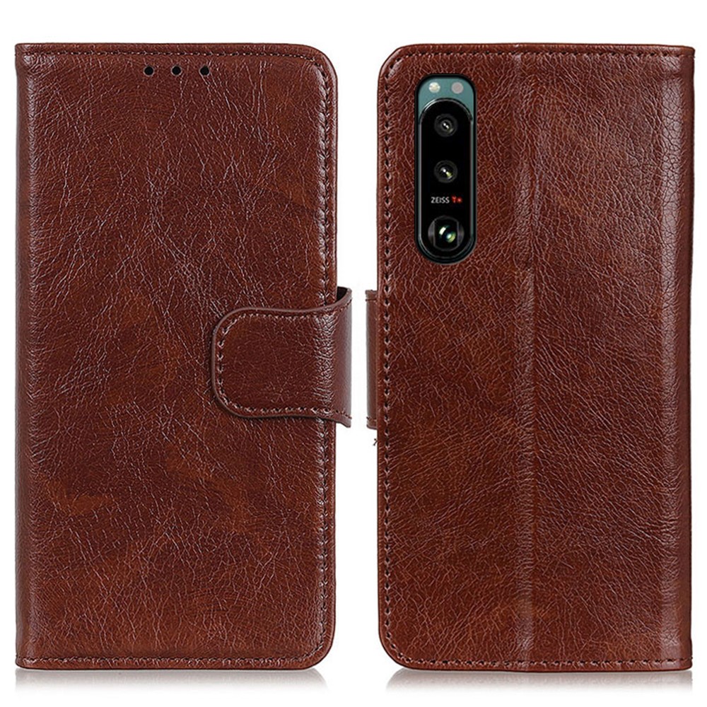 Full-Protection Nappa Texture Wallet Design Split Leather Stand Phone Cover Shell for Sony Xperia 5 III - Brown-1