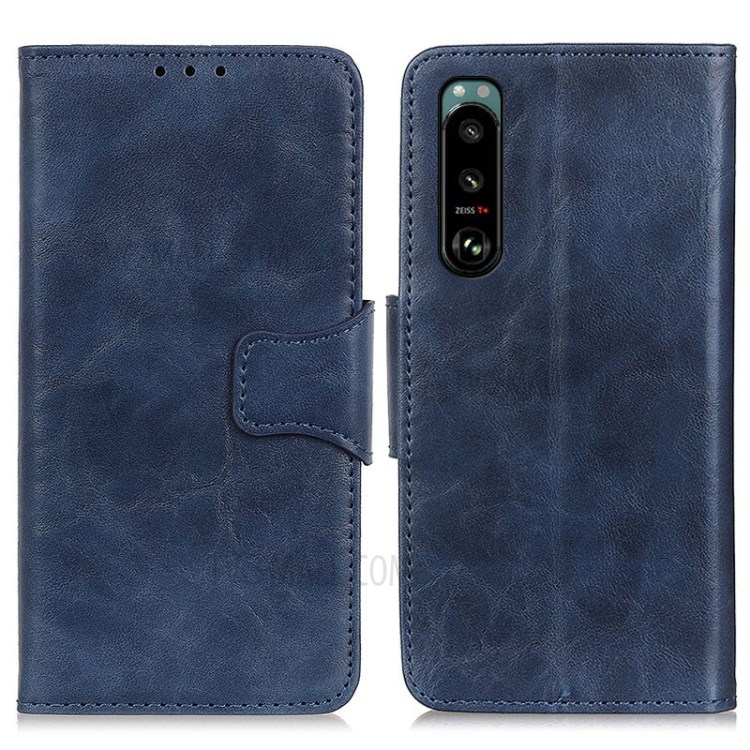 Crazy Horse Split Leather Phone Case Protector Cover Wallet Stand for Sony Xperia 5 III - Blue-1