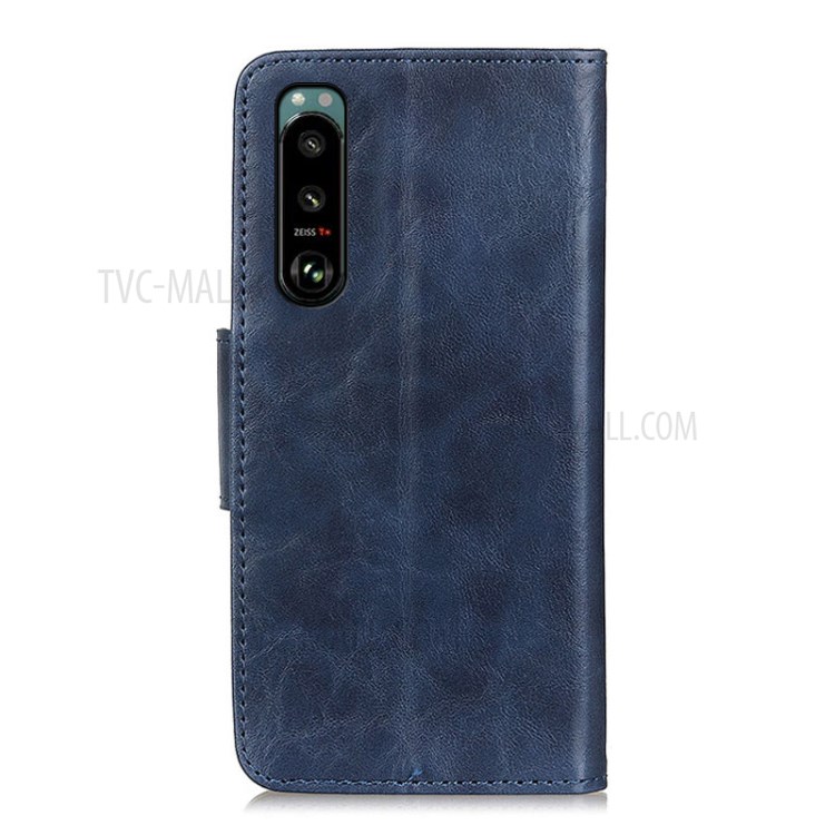 Crazy Horse Split Leather Phone Case Protector Cover Wallet Stand for Sony Xperia 5 III - Blue-9