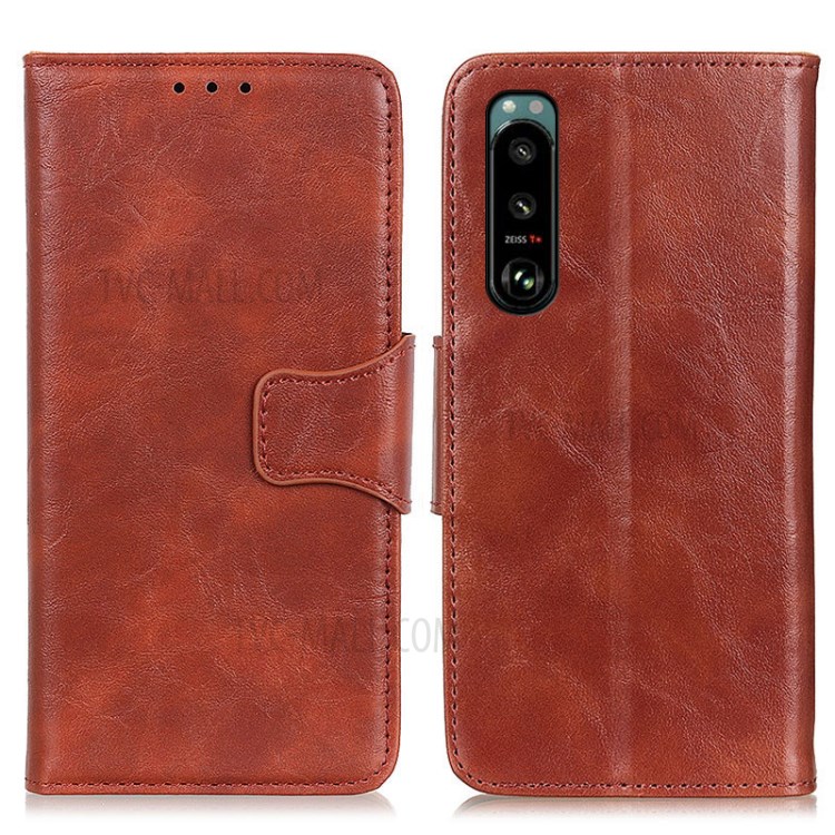 Crazy Horse Split Leather Phone Case Protector Cover Wallet Stand for Sony Xperia 5 III - Brown-1