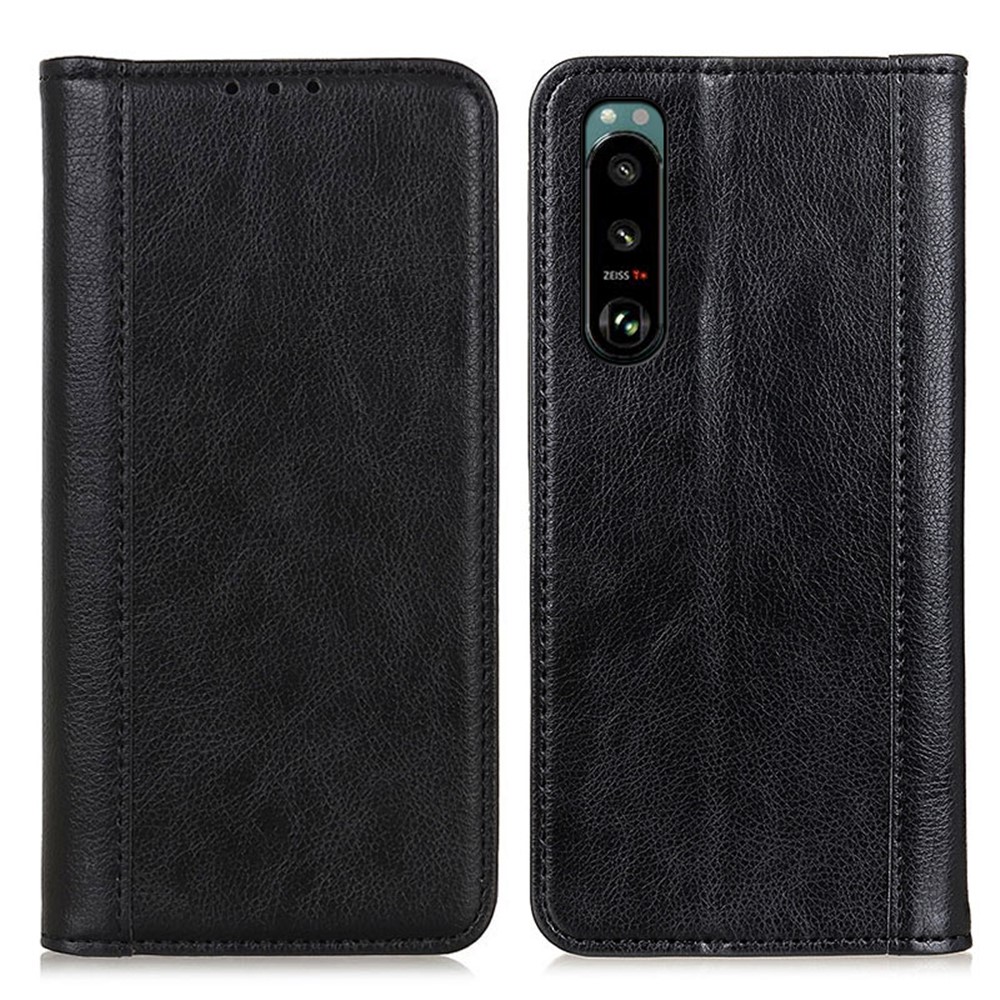 Auto-absorbed Litchi Texture Split Leather Case Stand Cover with Wallet for Sony Xperia 5 III - Black-1