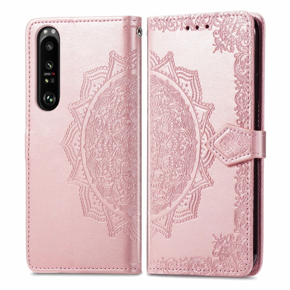 Embossed Mandala Flower PU Leather Case Stand Wallet for Sony Xperia 1 III - Rose Gold-1