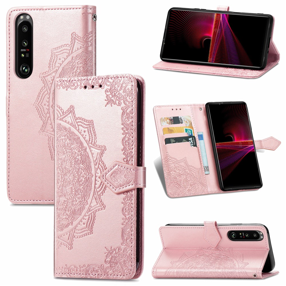 Embossed Mandala Flower PU Leather Case Stand Wallet for Sony Xperia 1 III - Rose Gold-11