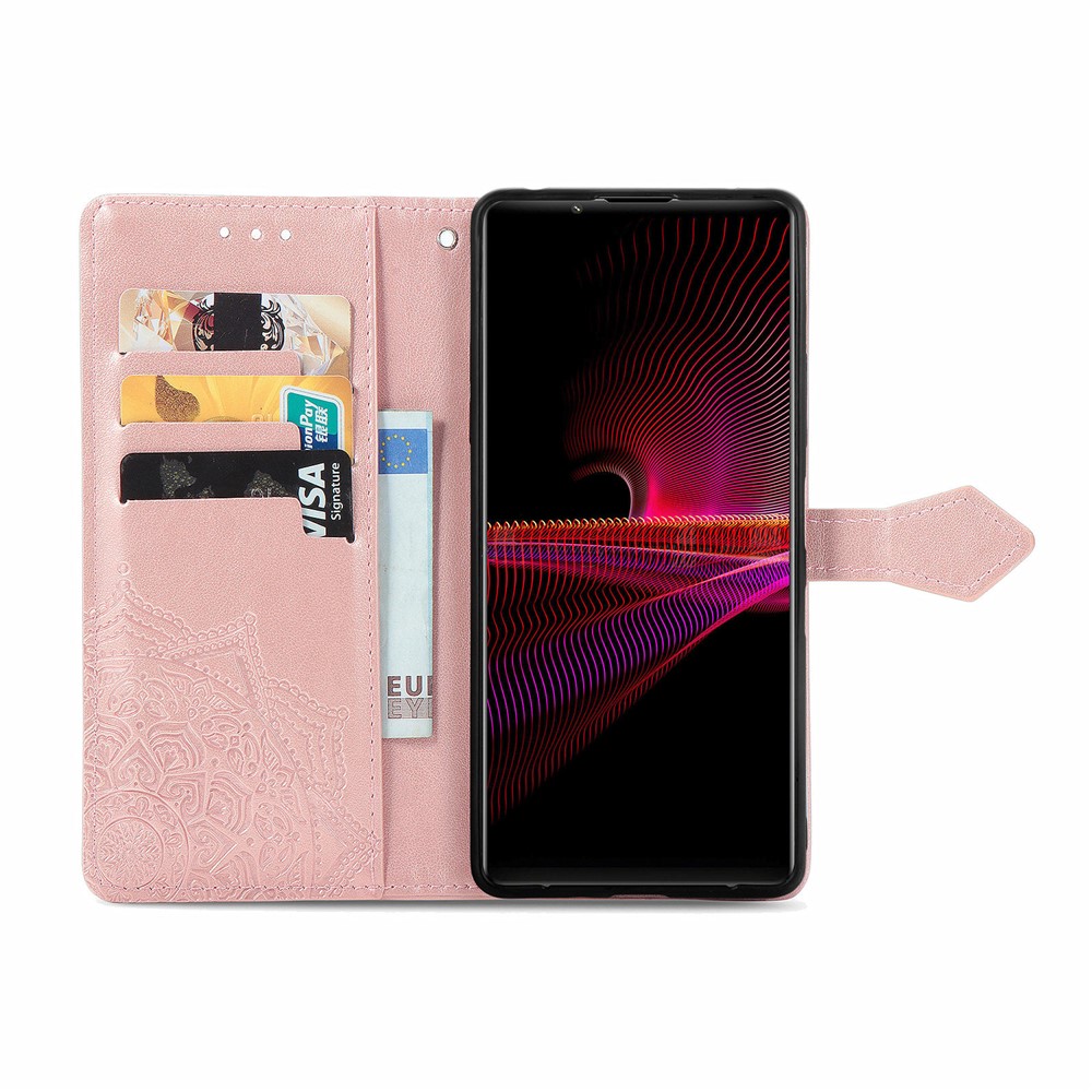 Embossed Mandala Flower PU Leather Case Stand Wallet for Sony Xperia 1 III - Rose Gold-2