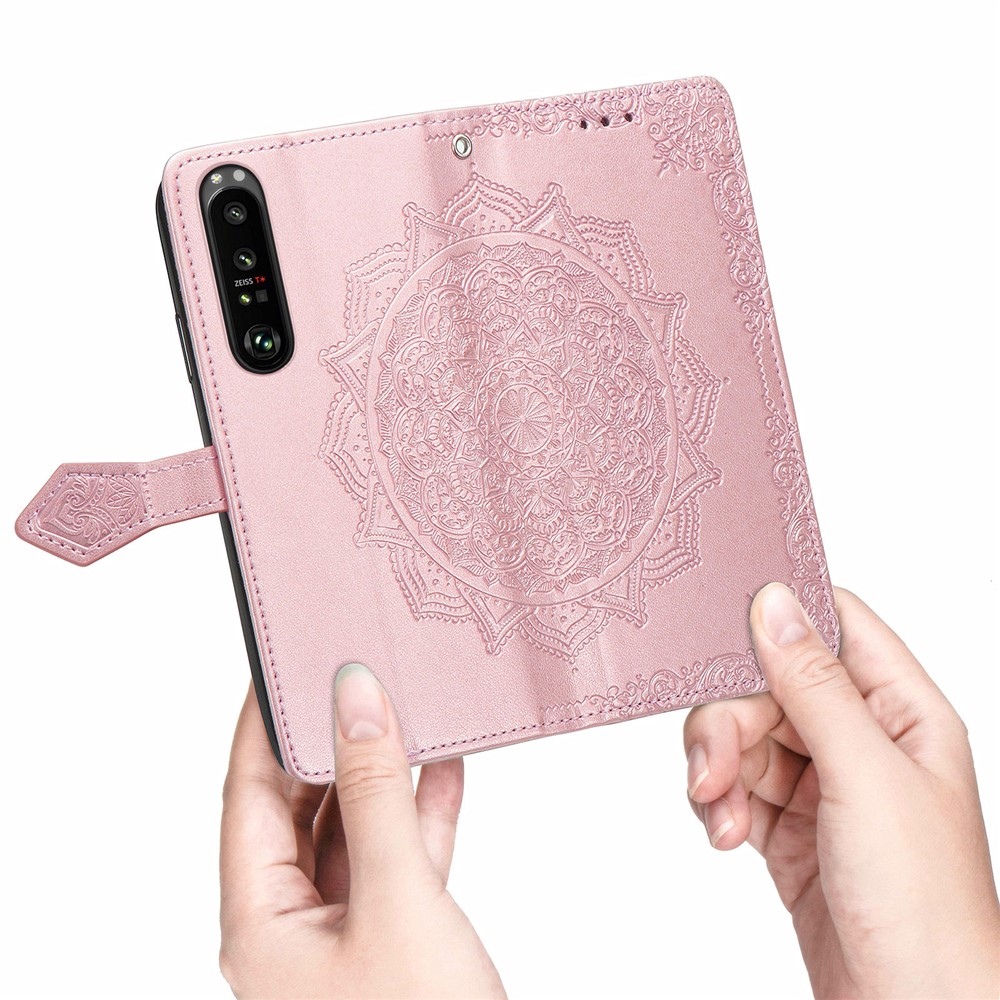 Embossed Mandala Flower PU Leather Case Stand Wallet for Sony Xperia 1 III - Rose Gold-3