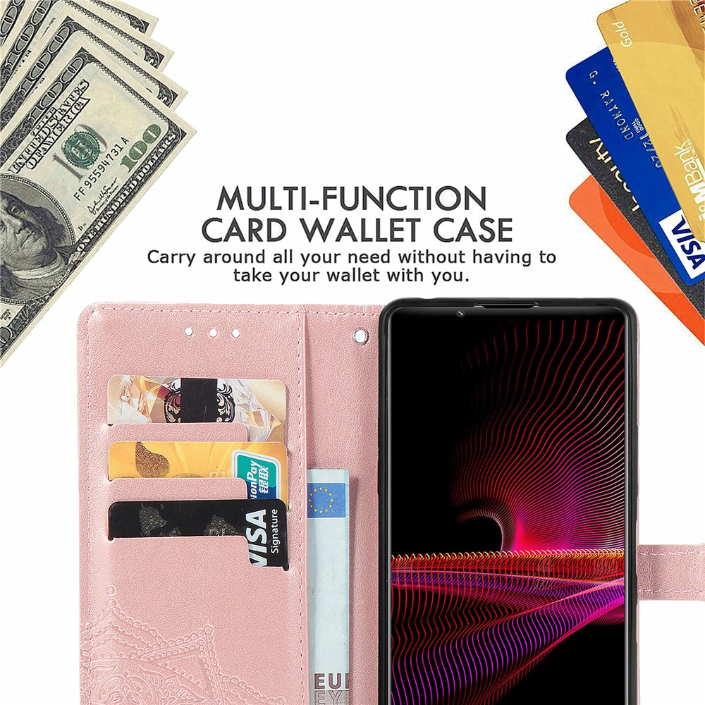 Embossed Mandala Flower PU Leather Case Stand Wallet for Sony Xperia 1 III - Rose Gold-8