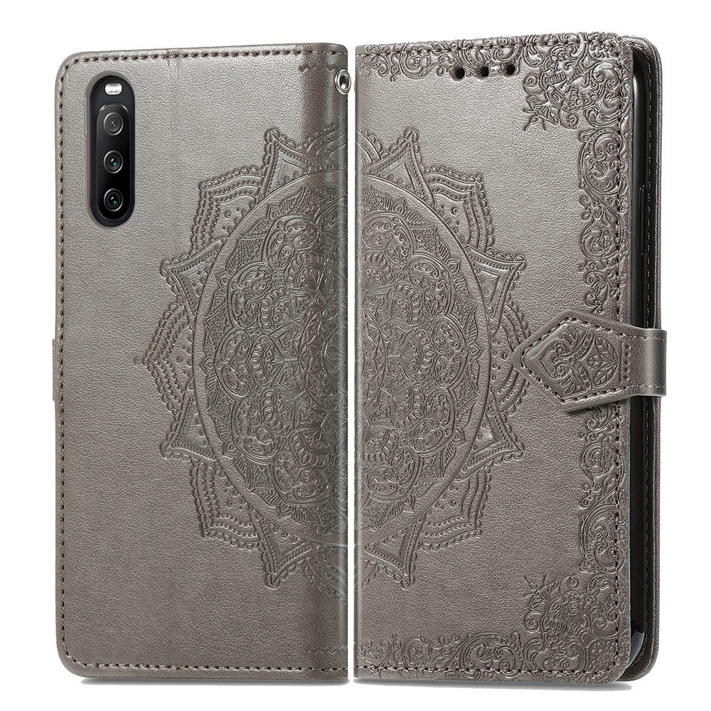 Geprinktes Mandala Blume PU Ledergehäuse Mit Brieftaschenstand Design Für Sony Xperia 10 III 5G - Grau