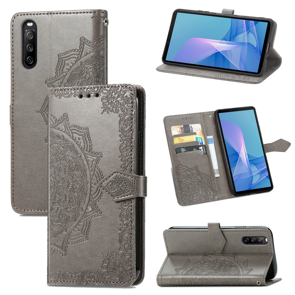 Geprinktes Mandala Blume PU Ledergehäuse Mit Brieftaschenstand Design Für Sony Xperia 10 III 5G - Grau