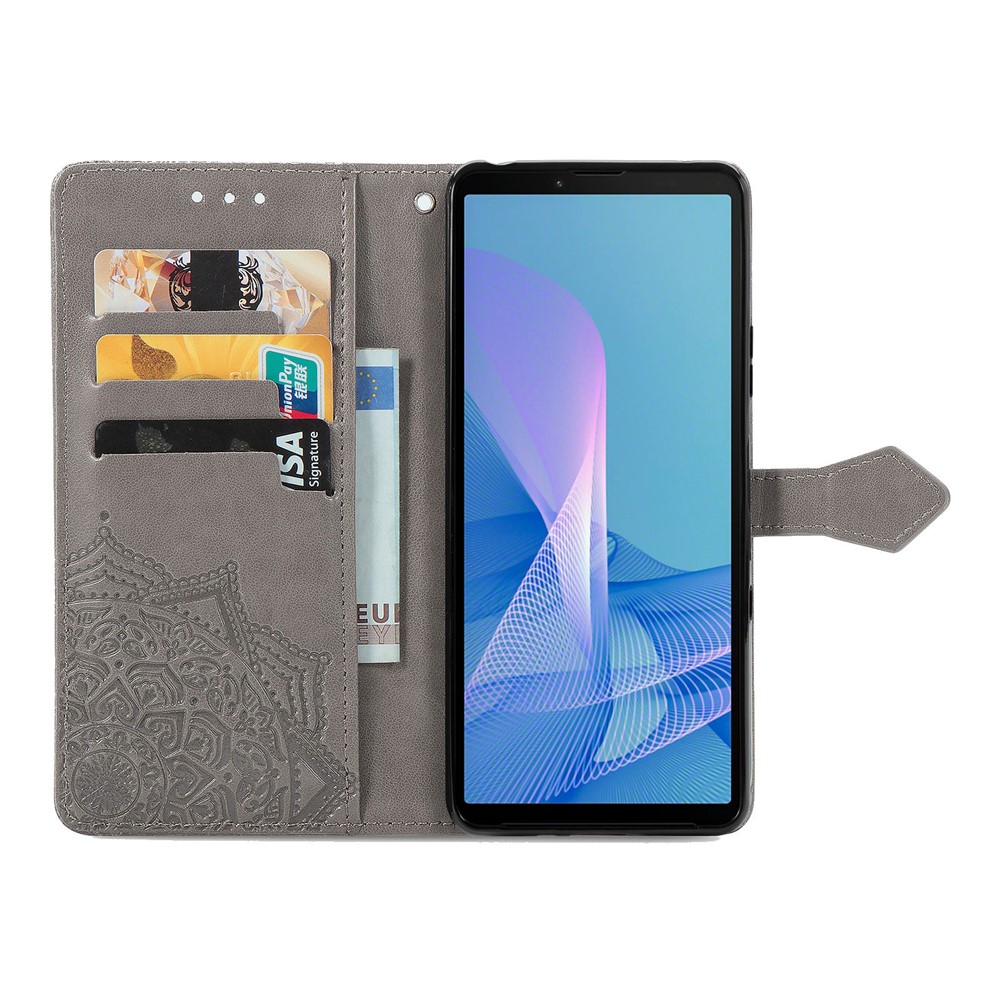 Geprinktes Mandala Blume PU Ledergehäuse Mit Brieftaschenstand Design Für Sony Xperia 10 III 5G - Grau