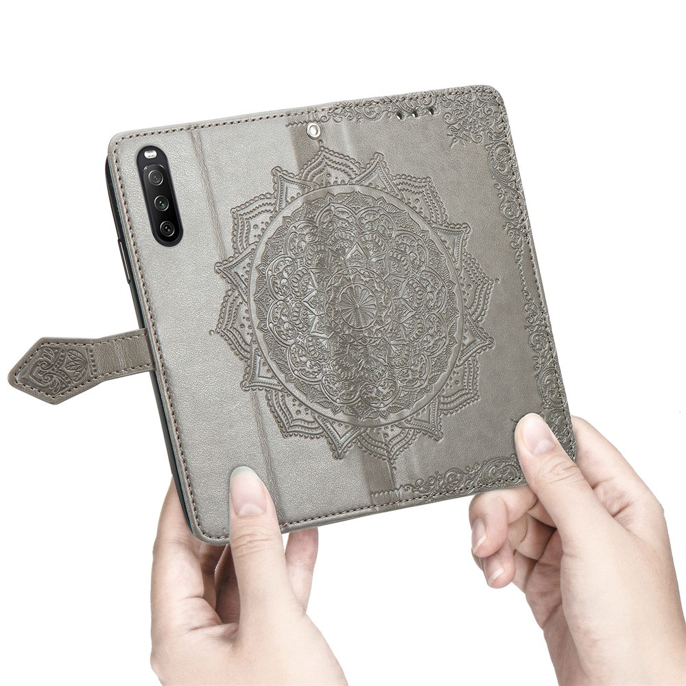 Imprinted Mandala Flower PU Leather Case with Wallet Stand Design for Sony Xperia 10 III - Grey-3